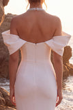 Clod Shoulder Sheath Satin White Beach Wedding Dress with Beading