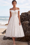 Off The Shoulder A Line Lace White Midi Engagement Dress