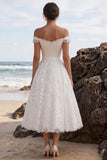 Off The Shoulder A Line Lace White Midi Engagement Dress