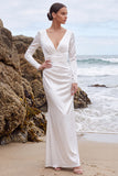 Long Sleeve Satin Mermaid White Maxi Beach Wedding Dress