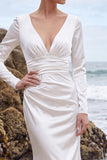 Long Sleeve Satin Mermaid White Maxi Beach Wedding Dress