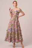 Off The Shoulder A Line Floral Pink Midi Wedding Guest Dress