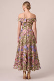 Off The Shoulder A Line Floral Pink Midi Wedding Guest Dress