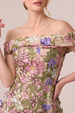 Off The Shoulder A Line Floral Pink Midi Wedding Guest Dress