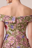 Off The Shoulder A Line Floral Pink Midi Wedding Guest Dress