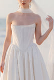 Strapless A Line White Ruched Maxi Engagement Dress