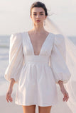 White A Line Ruched Mini Engagement Dress With Long Sleeves