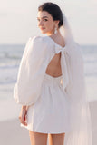 White A Line Ruched Mini Engagement Dress With Long Sleeves