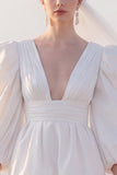 White A Line Ruched Mini Engagement Dress With Long Sleeves
