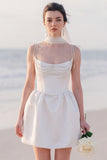 Spaghetti Straps A Line White Mini Engagement Dress With Pearls