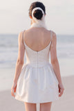 Spaghetti Straps A Line White Mini Engagement Dress With Pearls