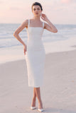 Square Neck White Sheath Midi Engagement Dress With Pearls