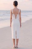 Square Neck White Sheath Midi Engagement Dress With Pearls