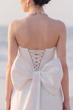 Strapless White Sheath Maxi Engagement Dress With Bow