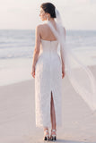 Floral Strapless Sheath White Midi Engagement Dress