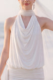 Halter Sheath White Ruched Asymmetrical Engagement Dress