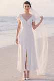 A Line Flutter Sleeve White Maxi Engagement Dress With Slit