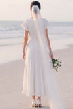 A Line Flutter Sleeve White Maxi Engagement Dress With Slit