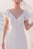 A Line Flutter Sleeve White Maxi Engagement Dress With Slit