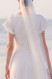 A Line Flutter Sleeve White Maxi Engagement Dress With Slit