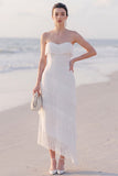 Strapless Sheath White High-Low Engagement Dress With Fringes