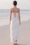 Strapless Sheath White High-Low Engagement Dress With Fringes