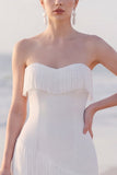 Strapless Sheath White High-Low Engagement Dress With Fringes