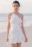 One Shoulder Bodycon White Mini Engagement Dress With 3D Flowers