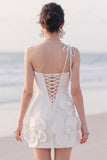 One Shoulder Bodycon White Mini Engagement Dress With 3D Flowers