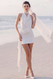 Halter White Bodycon Ruched Mini Engagement Dress