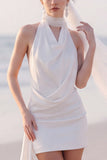 Halter White Bodycon Ruched Mini Engagement Dress