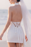 Halter White Bodycon Ruched Mini Engagement Dress