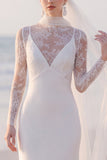 Mermaid Lace White Maxi Beach Wedding Dress With Long Sleeves