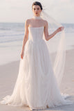 Strapless A Line White Pleated Maxi Beach Wedding Dress