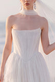 Strapless A Line White Pleated Maxi Beach Wedding Dress