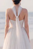 Strapless A Line White Pleated Maxi Beach Wedding Dress