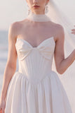 A Line Strapless White Pleated High-Low Wedding Dress