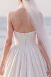 A Line Strapless White Pleated High-Low Wedding Dress