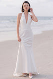 Halter Mermaid White Pleated Maxi Wedding Dress