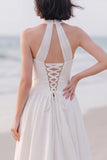 Halter Mermaid White Pleated Maxi Wedding Dress
