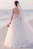 Strapless A Line Lace White Tulle Maxi Wedding Dress