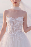 Strapless A Line Lace White Tulle Maxi Wedding Dress