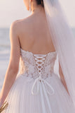 Strapless A Line Lace White Tulle Maxi Wedding Dress