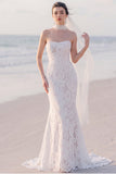 Lace Strapless Mermaid White Maxi Beach Wedding Dress