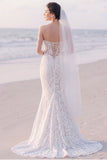 Lace Strapless Mermaid White Maxi Beach Wedding Dress