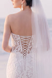 Lace Strapless Mermaid White Maxi Beach Wedding Dress