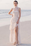 A Line White Tiered Lace Illusion Neck Maxi Beach Wedding Dress