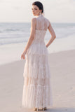 A Line White Tiered Lace Illusion Neck Maxi Beach Wedding Dress
