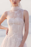 A Line White Tiered Lace Illusion Neck Maxi Beach Wedding Dress