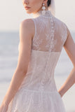 A Line White Tiered Lace Illusion Neck Maxi Beach Wedding Dress